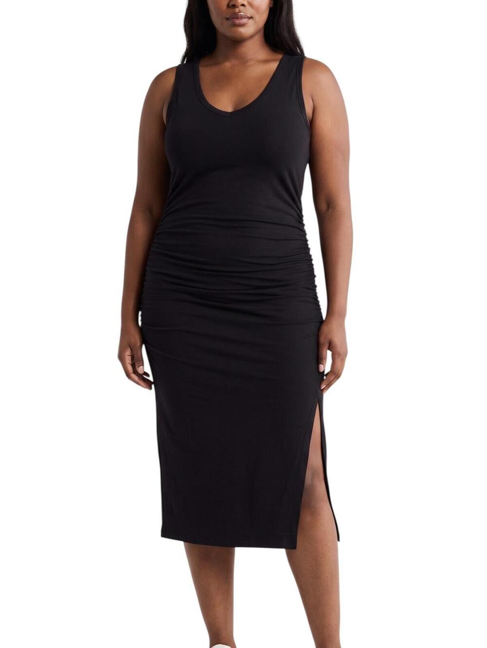Beyond Yoga Black Sleeveless Ruched V-Neck Midi Dress Size XL NWOT